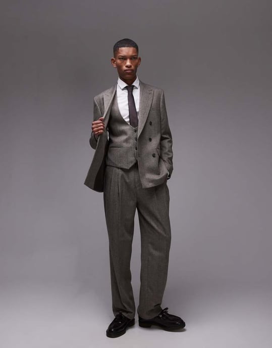 Topman premiummixad ullblandning randig herringbone väst i brunt - Image 4