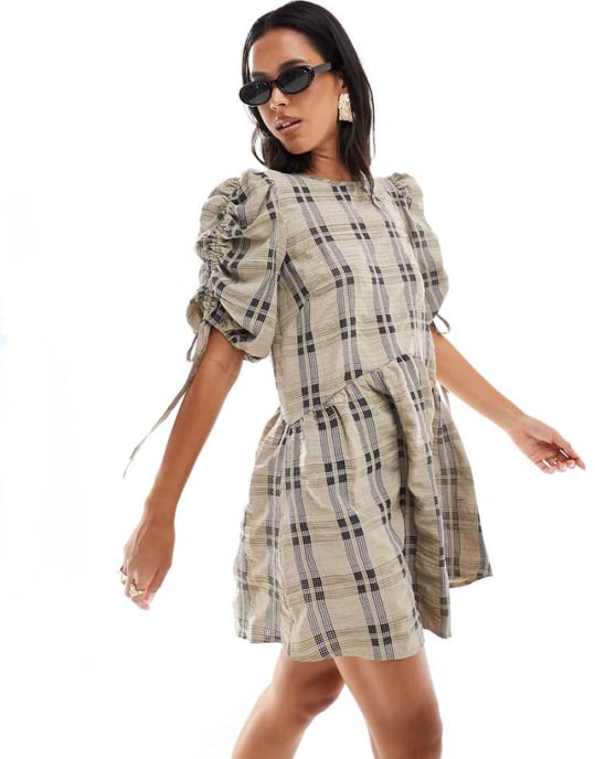 ASOS DESIGN volangärm smock mini i rutigt mönster - Image 1