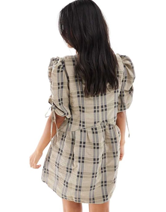 ASOS DESIGN volangärm smock mini i rutigt mönster - Image 4