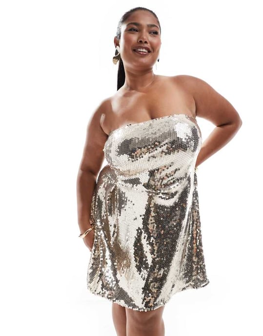 ASOS DESIGN Curve genomskinlig paljetter bandeau miniklänning i silver - Image 2