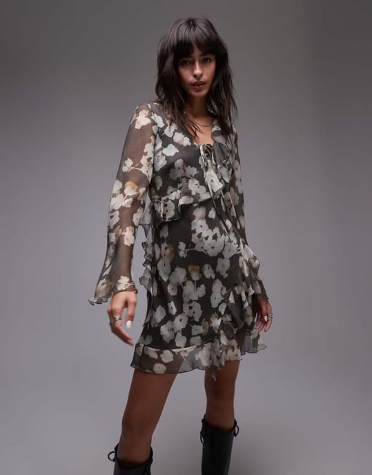 Topshop långärmad volang mini teklänning akvarellblommig - Image 1