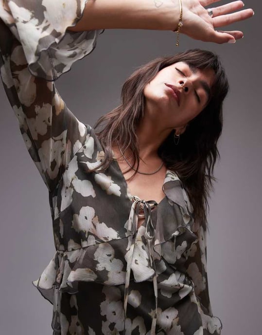 Topshop långärmad volang mini teklänning akvarellblommig - Image 2