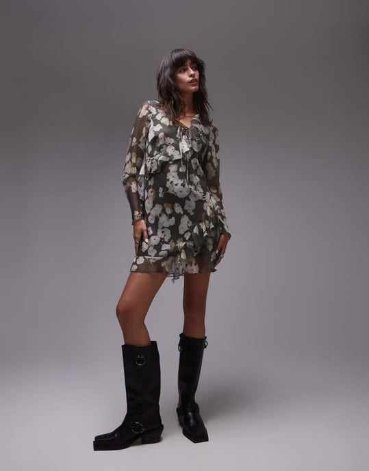 Topshop långärmad volang mini teklänning akvarellblommig - Image 3