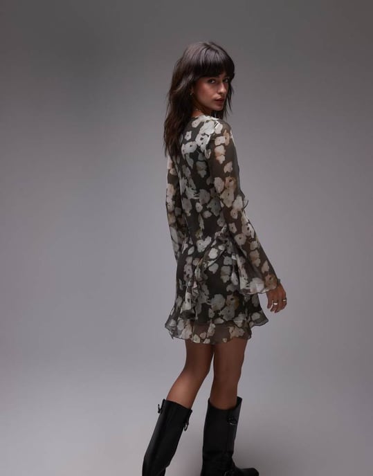 Topshop långärmad volang mini teklänning akvarellblommig - Image 4