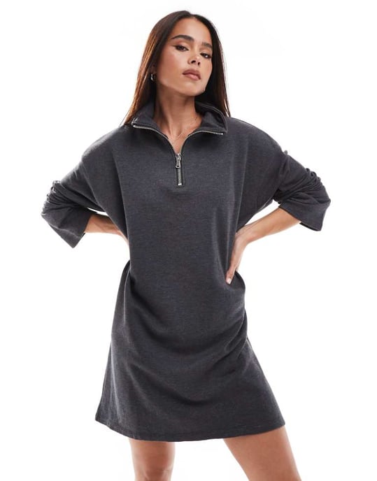 Pieces halv zip sweatshirt mini klänning i mörkgrå - Image 3
