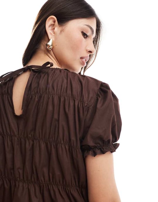 ASOS DESIGN poplin klänning med smockdetaljer i choklad - Image 2