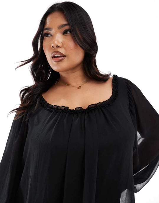 ASOS DESIGN Curve volangkrage mini smockklänning i svart - Image 2