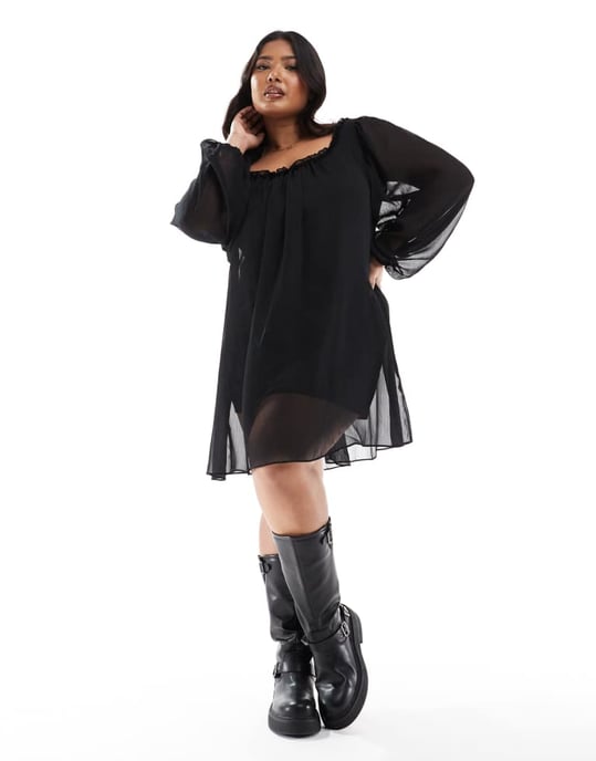 ASOS DESIGN Curve volangkrage mini smockklänning i svart - Image 3