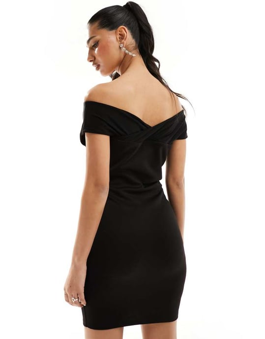 ASOS DESIGN bardot nät mini klänning i svart - Image 4