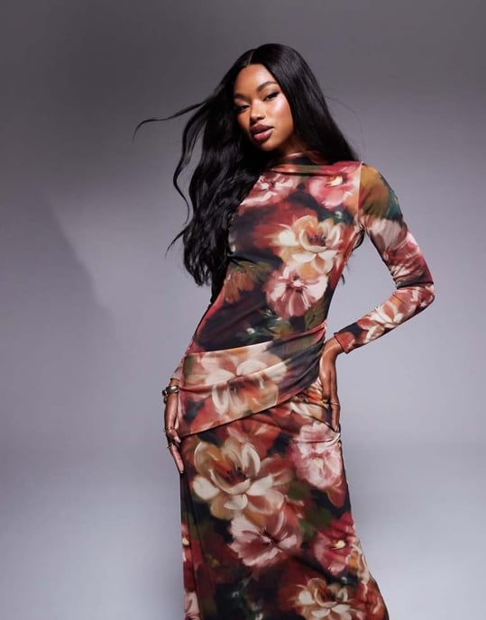 ASOS DESIGN höghalshängande långärmad maxiklänning i blommigt svart mönster - Image 1