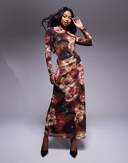 ASOS DESIGN höghalshängande långärmad maxiklänning i blommigt svart mönster - Image 2