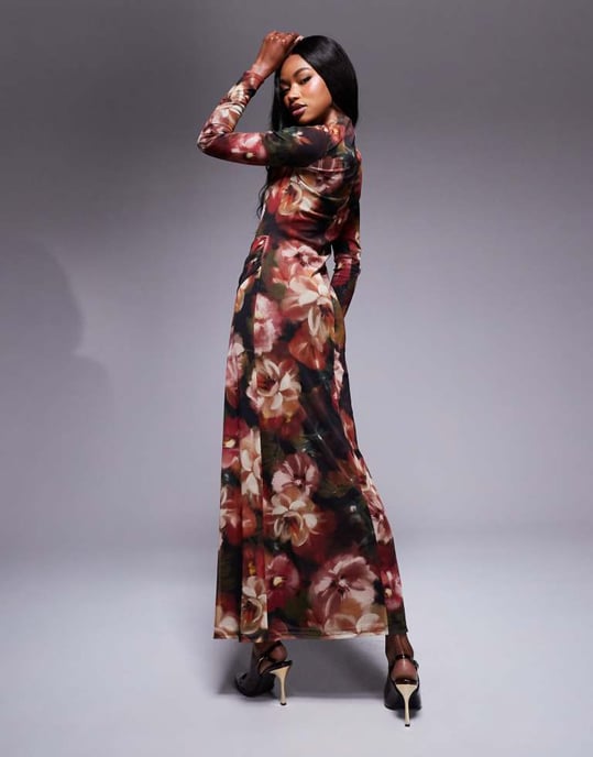 ASOS DESIGN höghalshängande långärmad maxiklänning i blommigt svart mönster - Image 4