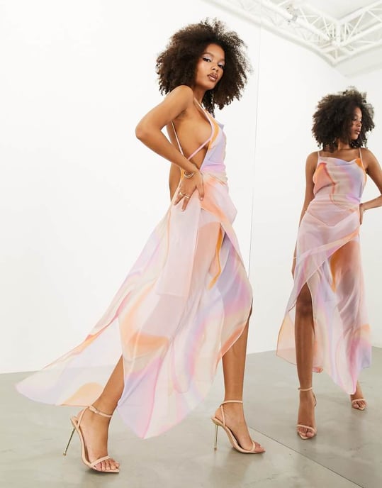 ASOS EDITION cowl neck genomskinlig draped maxi-klänning i mjukt marmortryck - Image 2