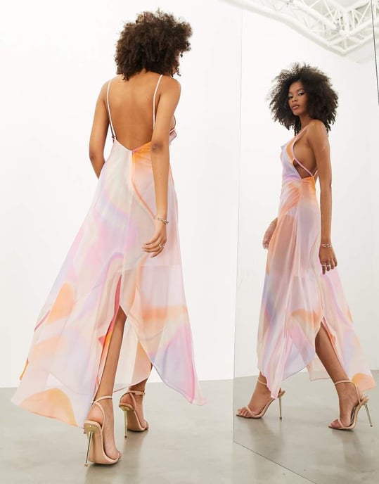 ASOS EDITION cowl neck genomskinlig draped maxi-klänning i mjukt marmortryck - Image 4