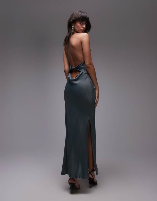 Topshop draperad halterneck maxiklänning i petrol - Image 2