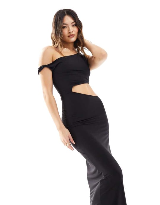 ASOS DESIGN enaxlad snurrad cut out maxiklänning i svart - Image 4