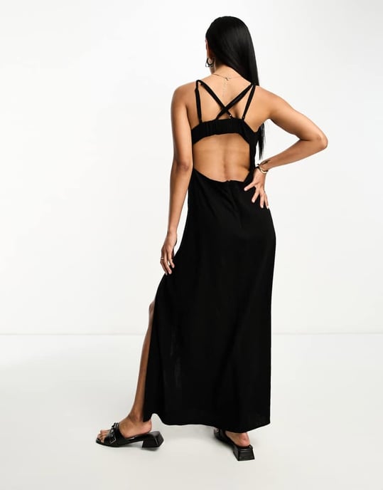 ASOS DESIGN linne maxi slipklänning med urtag i ryggen i svart - Image 2