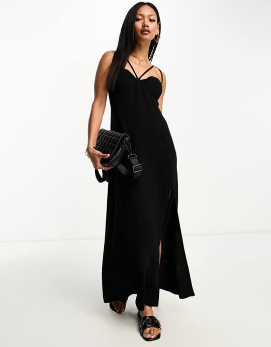 ASOS DESIGN linne maxi slipklänning med urtag i ryggen i svart - Image 4