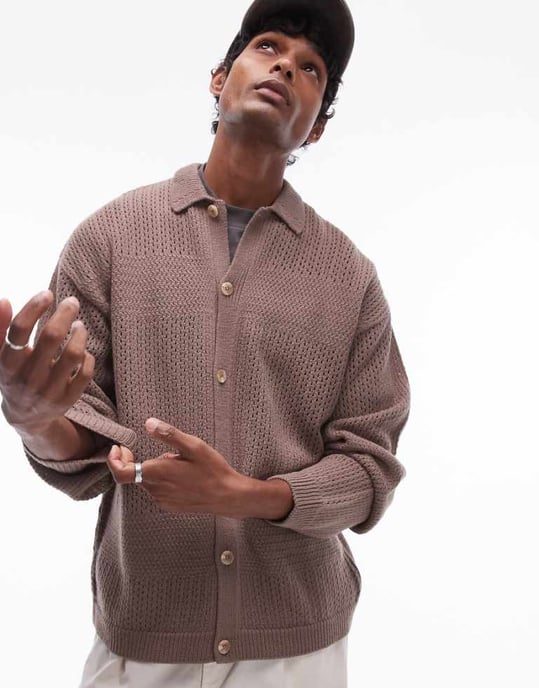 Topman långärmad polo med reverkrage i brunt - Image 1