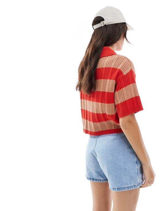 ASOS DESIGN stickad polo topp i ribb i ränder i orange och röd - Image 3