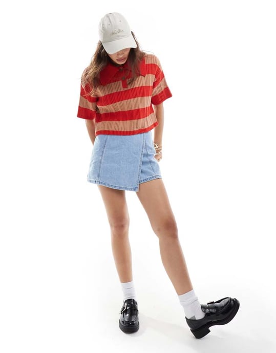 ASOS DESIGN stickad polo topp i ribb i ränder i orange och röd - Image 4