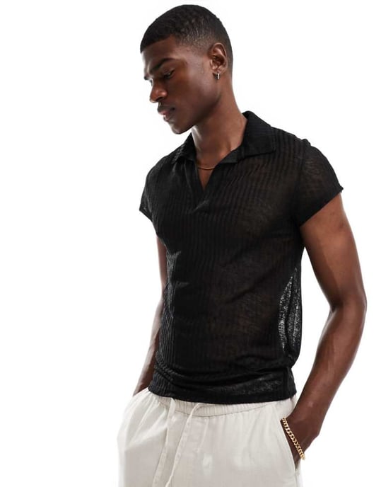 ASOS DESIGN muskelpassform texturerad polo med ärmavslut i svart - Image 1