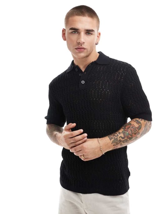ONLY & SONS öppen stickad polo i svart - Image 1