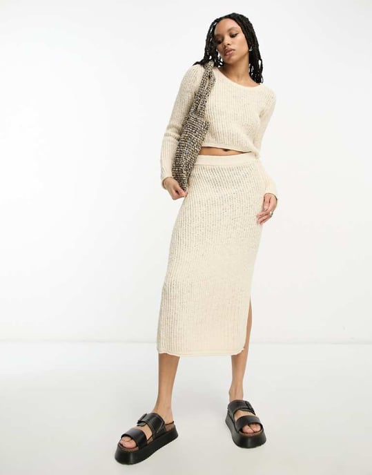 ASOS DESIGN stickad maxikjol i texturerad stegsöm i krämfärgade koord - Image 1