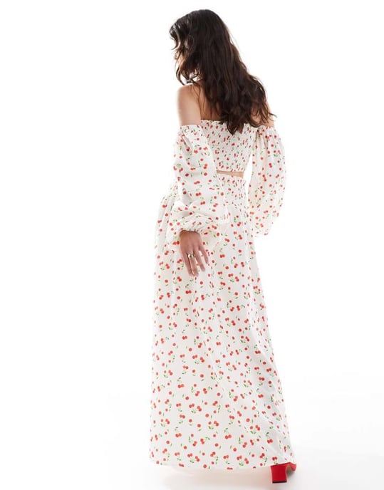 ASOS DESIGN maxikjol med rynkad midja i körsbärstryck co-ord - Image 3