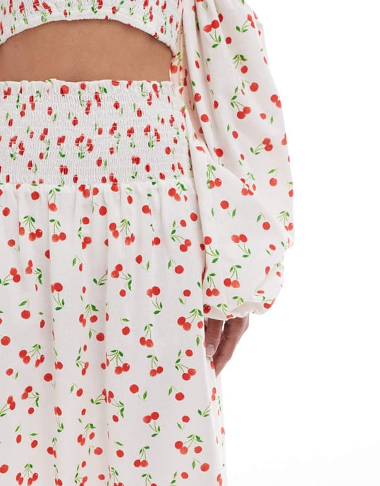 ASOS DESIGN maxikjol med rynkad midja i körsbärstryck co-ord - Image 4