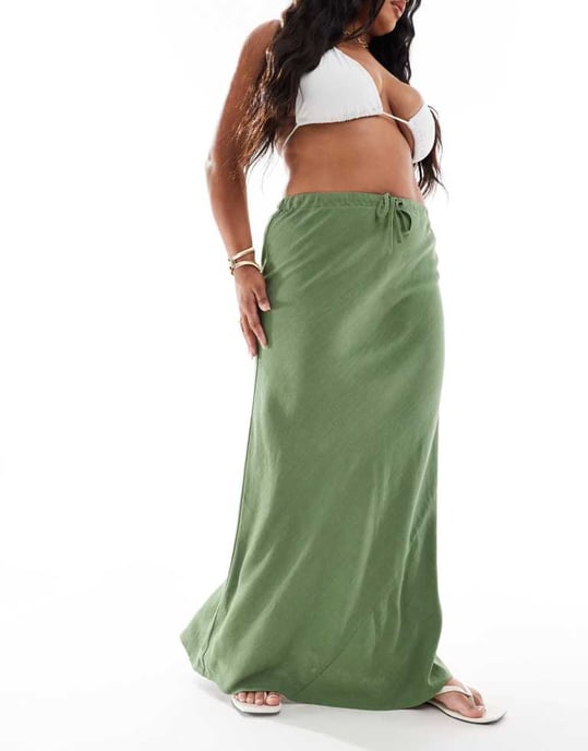 ASOS DESIGN Curve linne-look knytmidja sned maxi kjol i khaki - Image 3