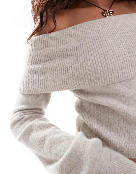 Weekday Lolo off shoulder stickad tröja i beige melange - Image 2