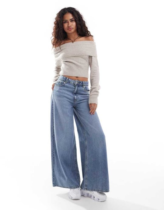 Weekday Lolo off shoulder stickad tröja i beige melange - Image 4