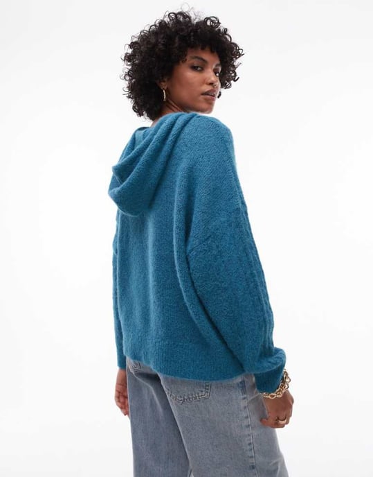 Topshop stickad fluffig kabelhuvtröja i teal - Image 1