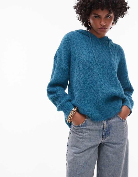 Topshop stickad fluffig kabelhuvtröja i teal - Image 2