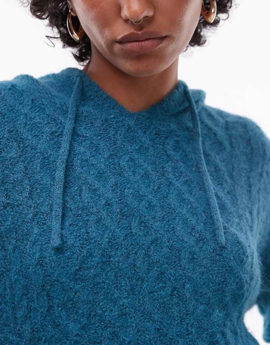 Topshop stickad fluffig kabelhuvtröja i teal - Image 3