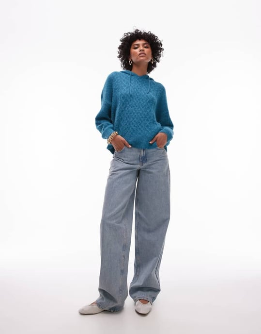 Topshop stickad fluffig kabelhuvtröja i teal - Image 4
