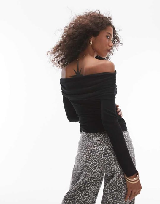 Topshop premium ribbad långärmad bardot i svart - Image 4