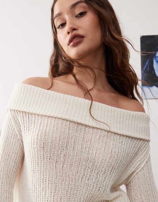 Weekday Lori off shoulder lättstickad tröja i vitt - Image 3
