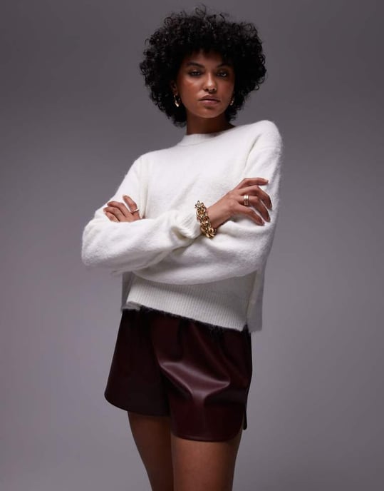 Topshop stickad crew med raglan och synlig söm tröja i elfenben - Image 1