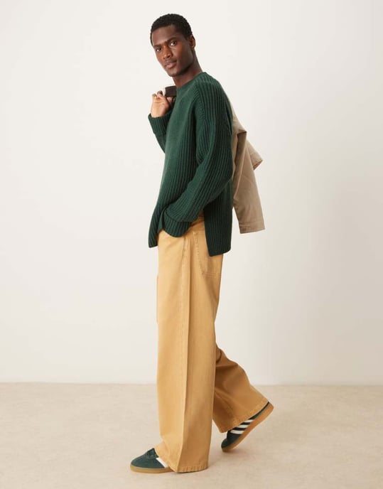 ASOS DESIGN oversized ullmix tung ribbad stickad tröja i mörkgrön - Image 3