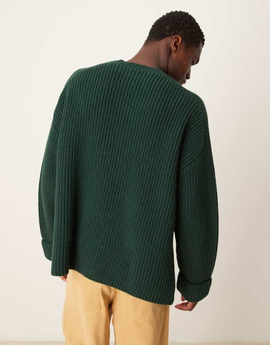 ASOS DESIGN oversized ullmix tung ribbad stickad tröja i mörkgrön - Image 4