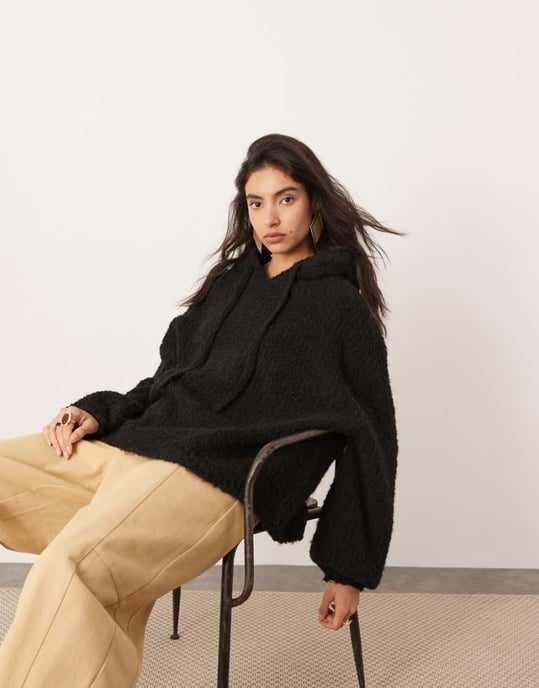 ASOS EDITION boucléstickad oversized hoodie i svart - Image 1