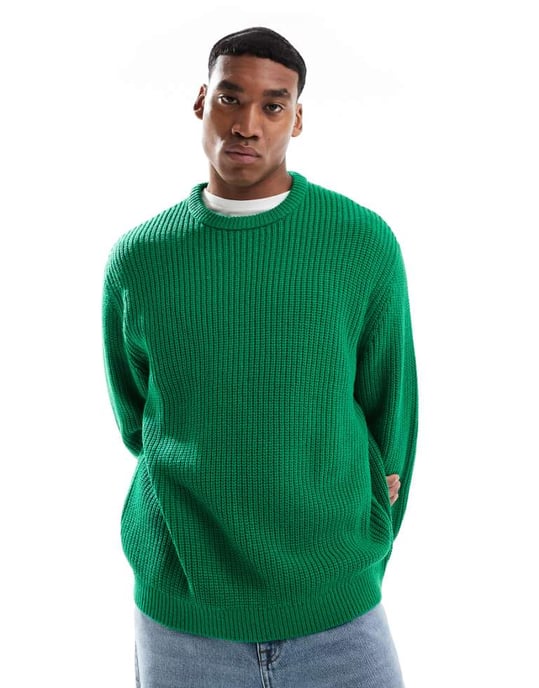 ASOS DESIGN oversized stickad fiskar-ribbad tröja i grön - Image 1
