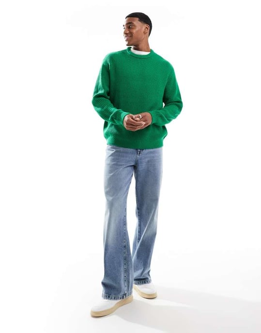 ASOS DESIGN oversized stickad fiskar-ribbad tröja i grön - Image 2