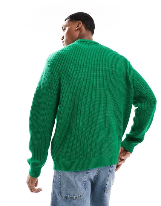 ASOS DESIGN oversized stickad fiskar-ribbad tröja i grön - Image 3