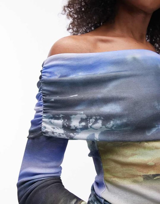 Topshop abstrakt blommig landskap långärmad bardot i blå - Image 3
