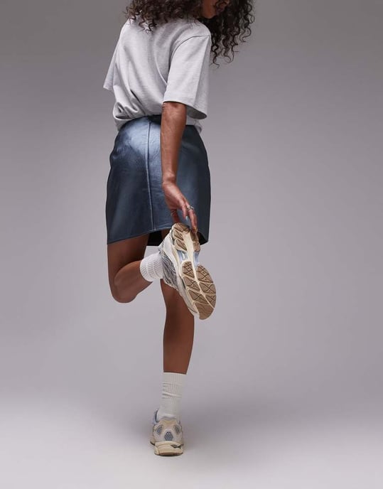 Topshop fusk läder panel lätt tygkjol i metallisk luftvärdsblå - Image 2