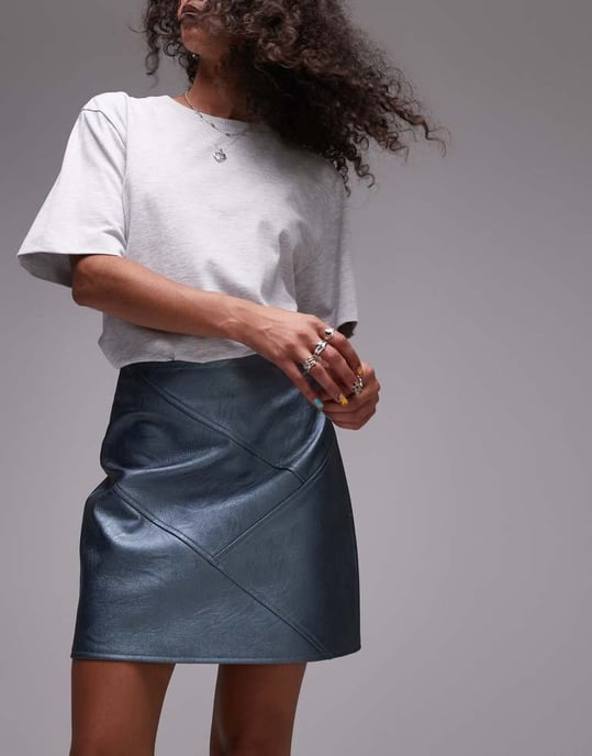 Topshop fusk läder panel lätt tygkjol i metallisk luftvärdsblå - Image 3