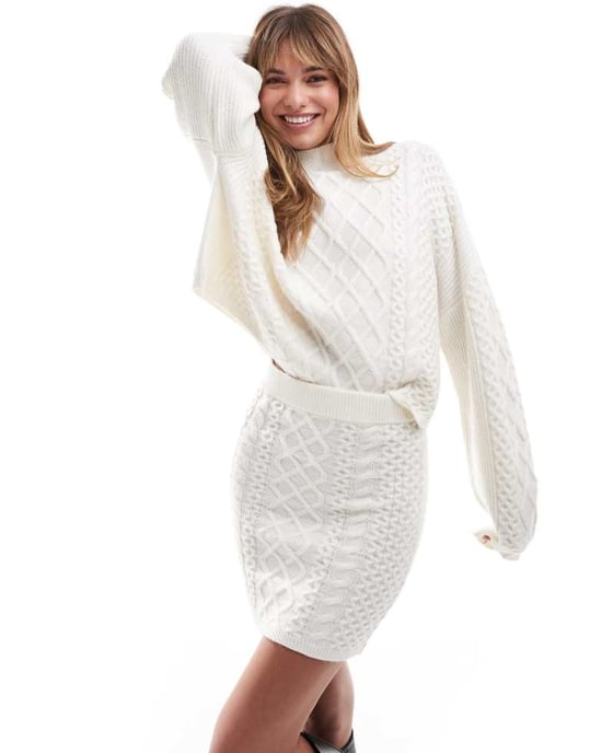 Miss Selfridge kabelstickad minikjol set i krämfärg - Image 2